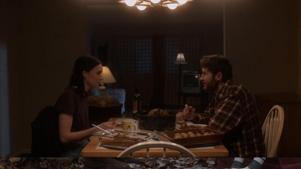 The two siblings of "Battersea," a film submitted to the 2025 Mystic Film Festival, sit and have dinner.