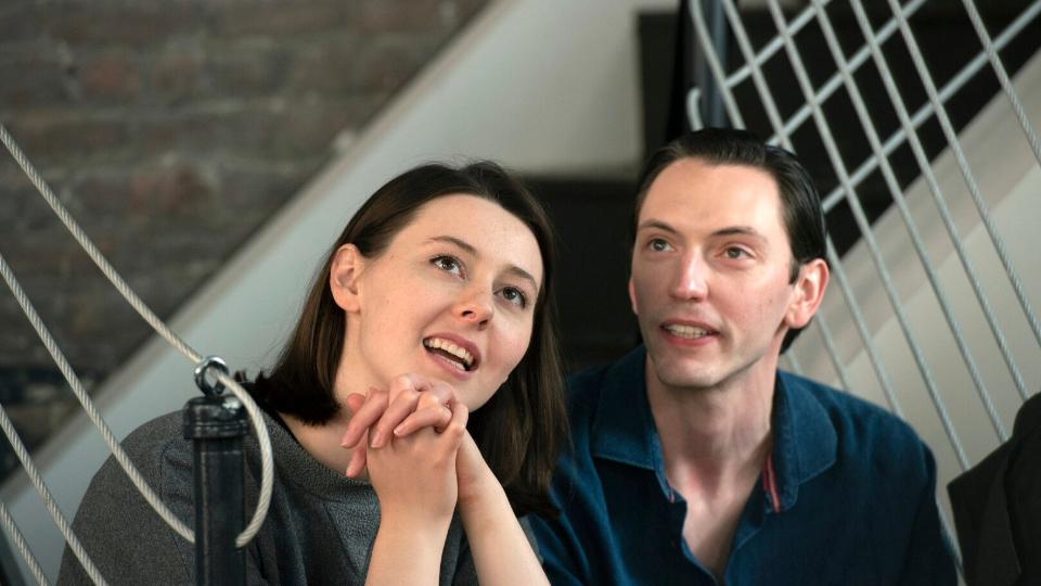 the perfect match - mystic film festival - narrative short - featured image - two people on staircase