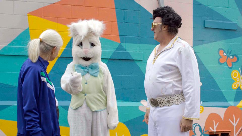 wilbur, the king - mystic film festival - student film - featued image - 3 characters with easter bunny and elvis impersonator